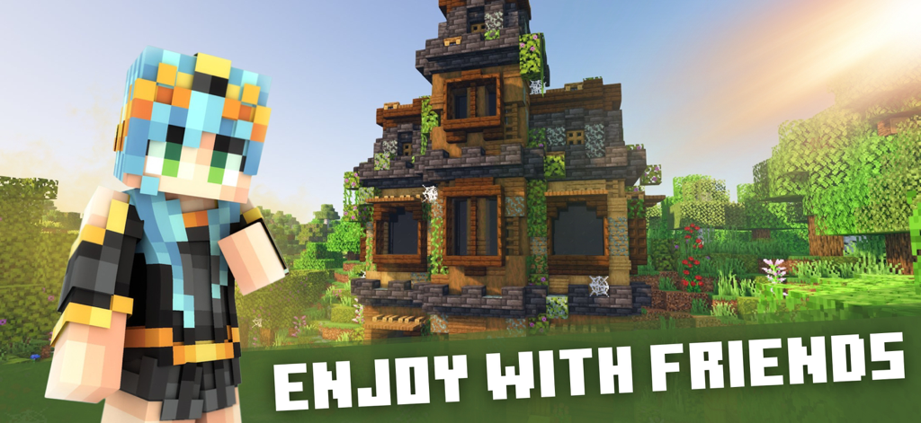 Minecraftのキャラクターが、テキスト「友達と楽しむ」と共に、詳細な中世の木造住宅の隣に立っています。