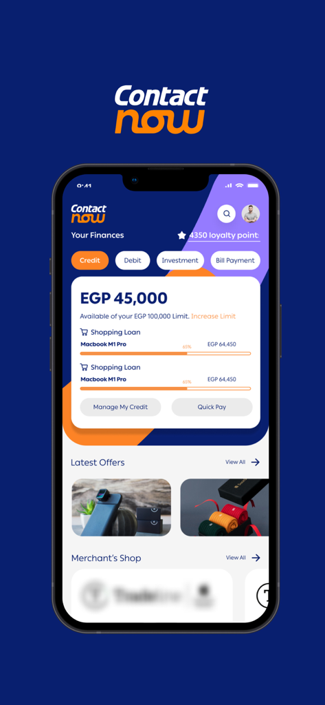 ContactNow | كونتكت - ContactNow app dashboard showing credit limit shopping loans and merchant offers