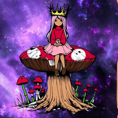 realistic girl sitting on a huge tree stump size toadstool with thorn crown
