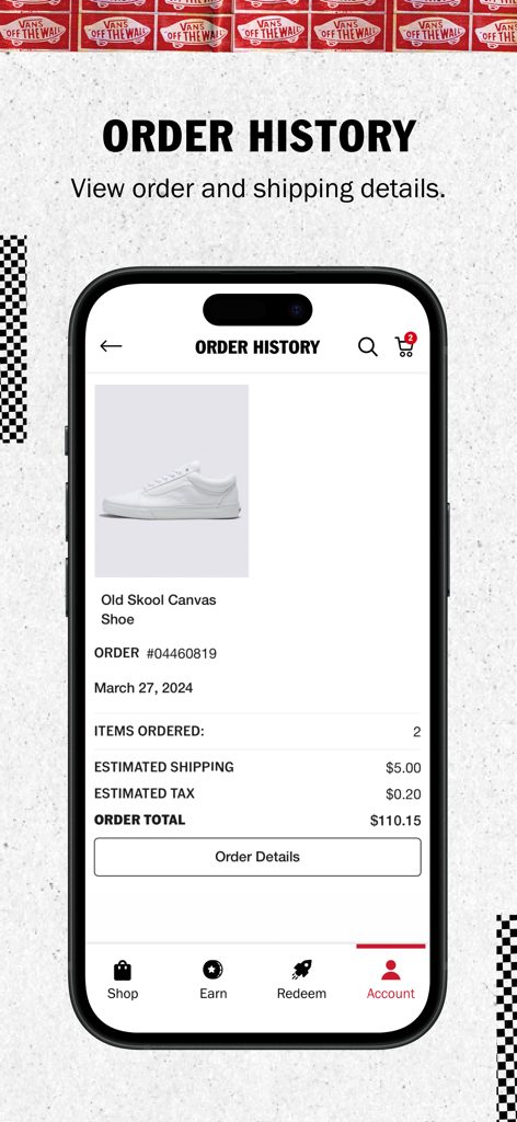 Vans Family - Mobile phone showing the Vans Family app order history screen with details of a purchase of white Old Skool shoes
