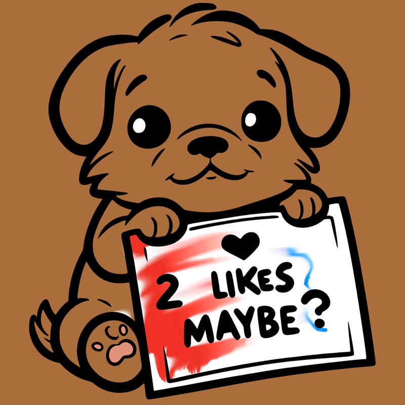 a puppy holding a sign that says 2 likes maybe?