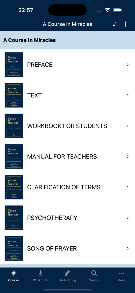 ACIM - Main menu of the A Course in Miracles app showing chapters like Text and Workbook for Students