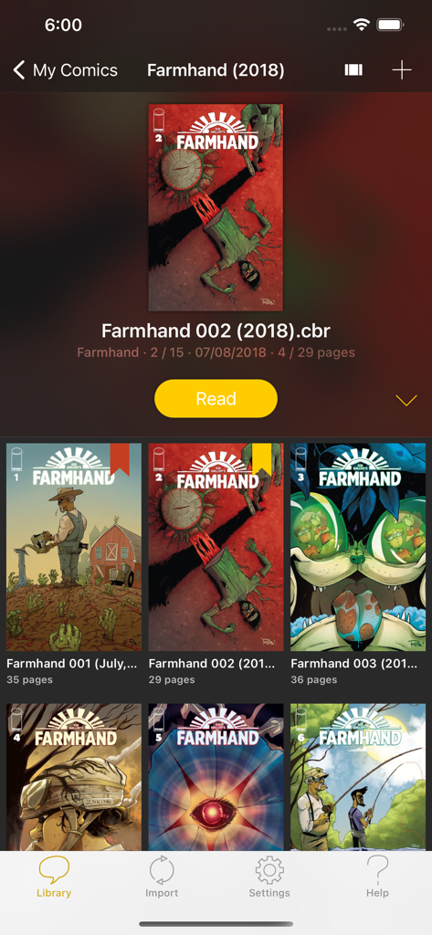 YACReader - Comic Reader - Interfaccia della libreria dell'app mobile YACReader che mostra una collezione di fumetti digitali della serie Farmhand