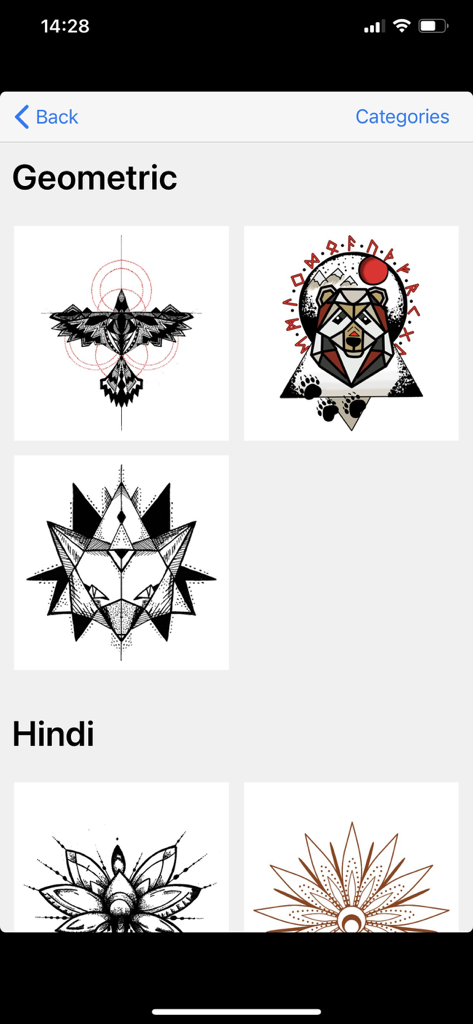 A selection of geometric and hindi tattoo designs available in the app gallery