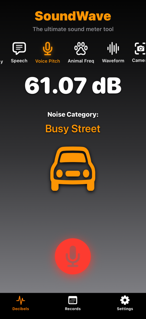SoundWavesDetector - Interface of the SoundWavesDetector app showing a noise level measurement of 61.07 decibels categorized as a busy street with a car icon.