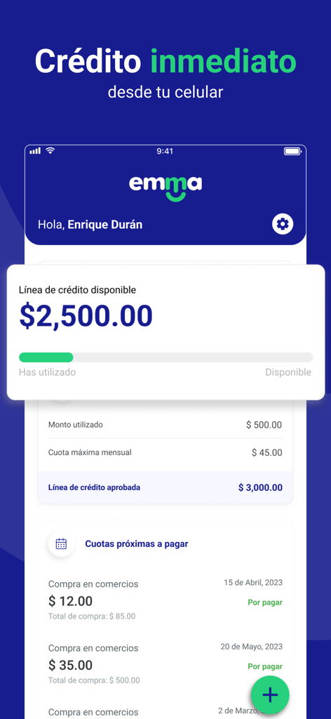 Emma Pay - Pantalla de la aplicación móvil Emma Pay que muestra la línea de crédito disponible y las próximas cuotas en español.
