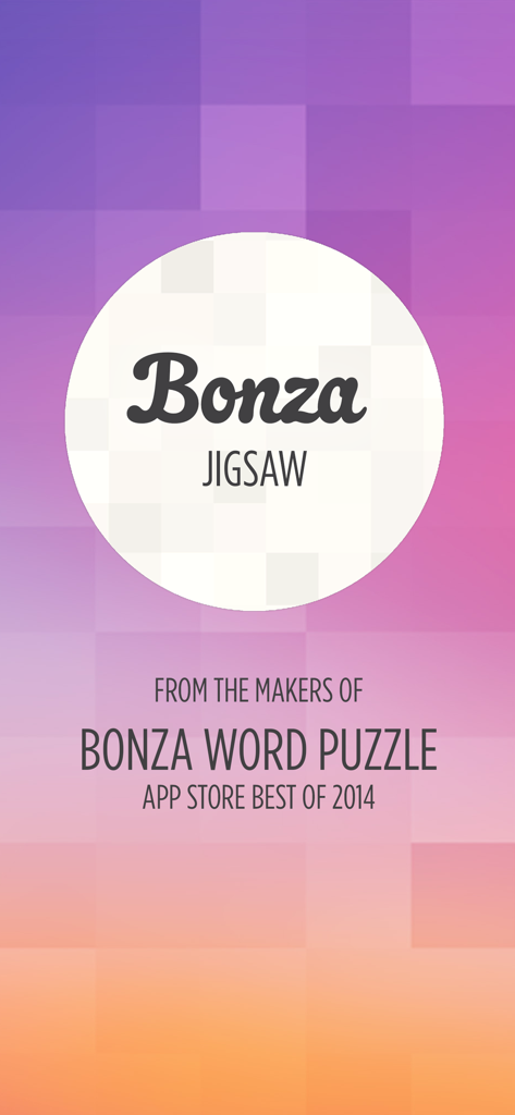 화려한 그라데이션 배경과 개발자 크레딧이 있는 Bonza Jigsaw 게임 타이틀 화면