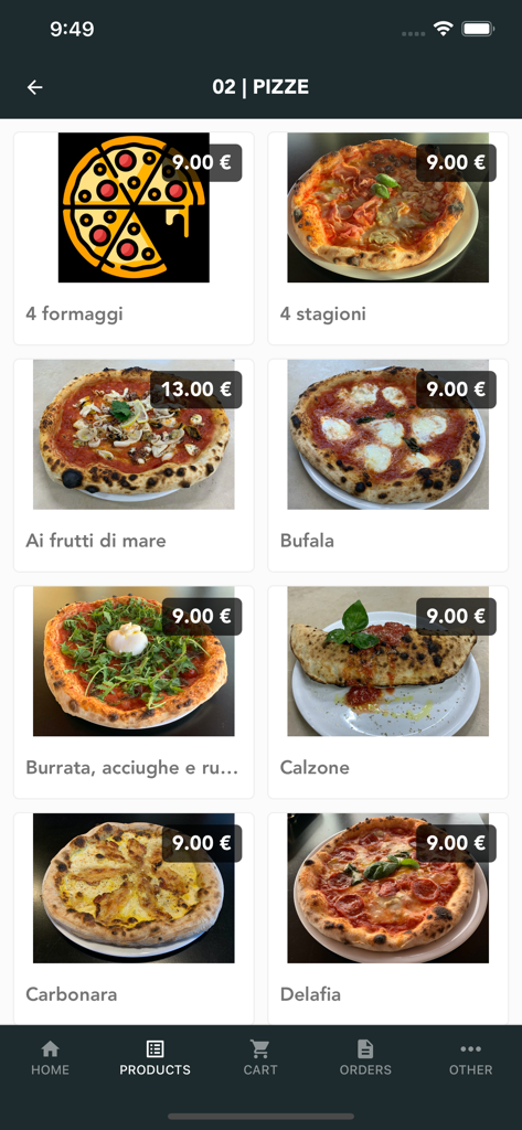 nana banana - Pantalla de menú de la app móvil para Nana Banana que muestra una cuadrícula de opciones de pizza con fotos y precios en Euros.
