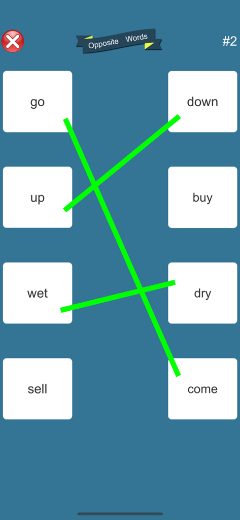 Opposite Words Learning - アップとダウンのような反対語ペアが緑の線で結ばれた、反対語学習アプリのマッチング演習。
