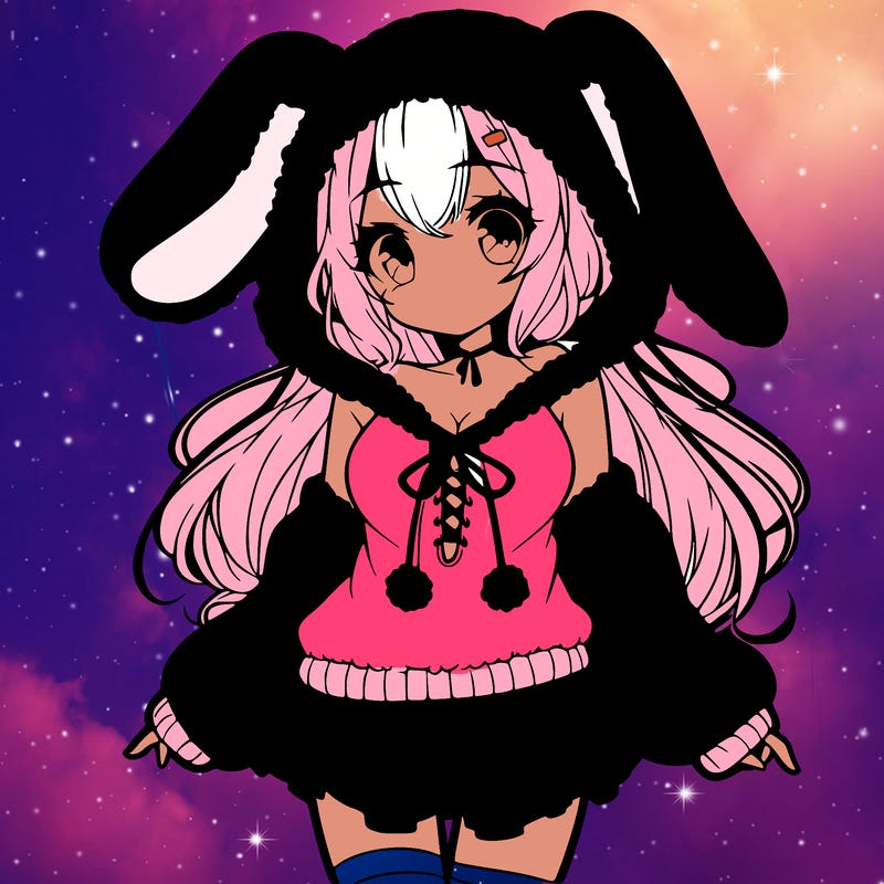 pretty anime girl wearing a fluffy hoodie with bunny ears on the hood and a skirt