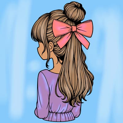 realistic girl  with hip length hair a bun and a big bow on the back of head