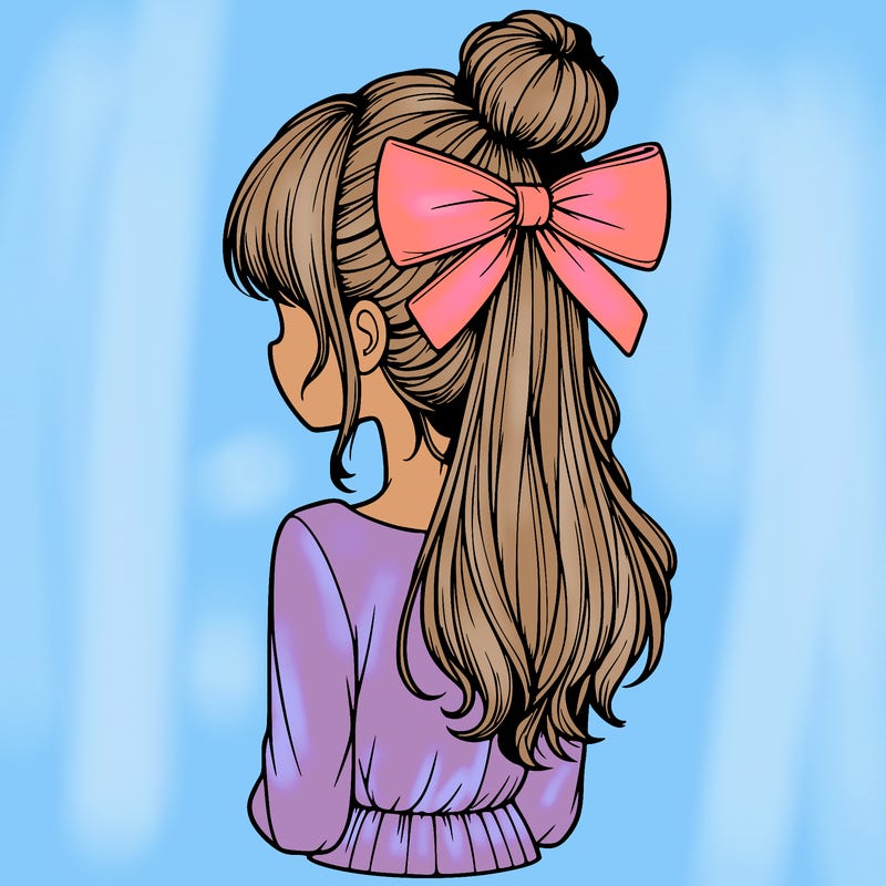 realistic girl  with hip length hair a bun and a big bow on the back of head
