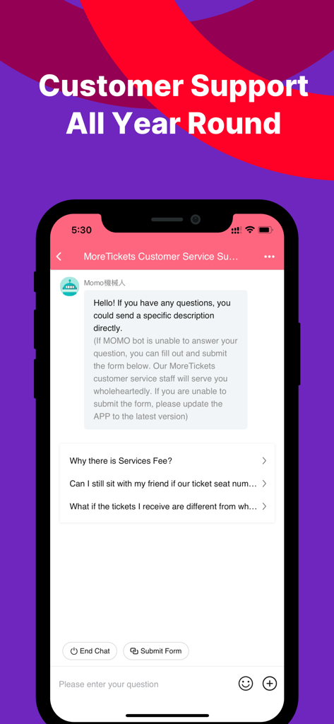 MoreTickets: Millions’ Choice - 봇과의 실시간 채팅 및 자주 묻는 질문이 포함된 MoreTickets 앱 고객 지원 인터페이스