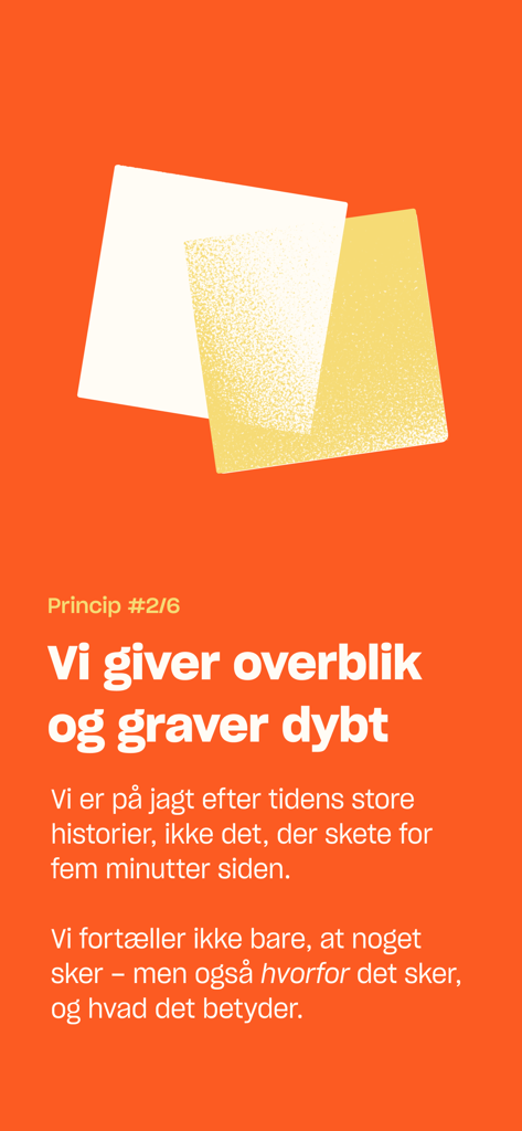 Zetland - Screenshot dell'app Zetland che mostra i principi del giornalismo su uno sfondo arancione brillante.