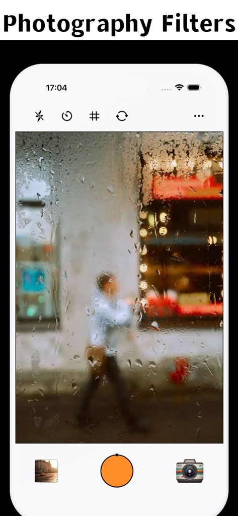 Daxx Cam app interface showing a moody vintage film filter applied to a photo of a person behind a rainy window.