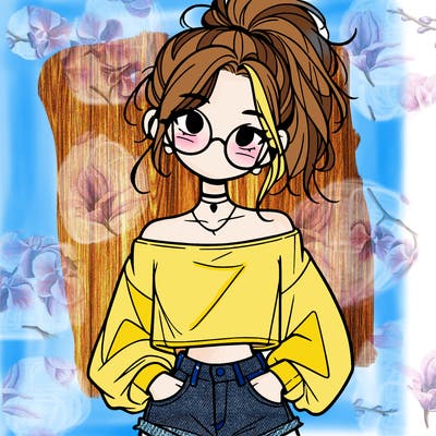 girl with a messy ponytail glasses a baggy crop top and jean shorts