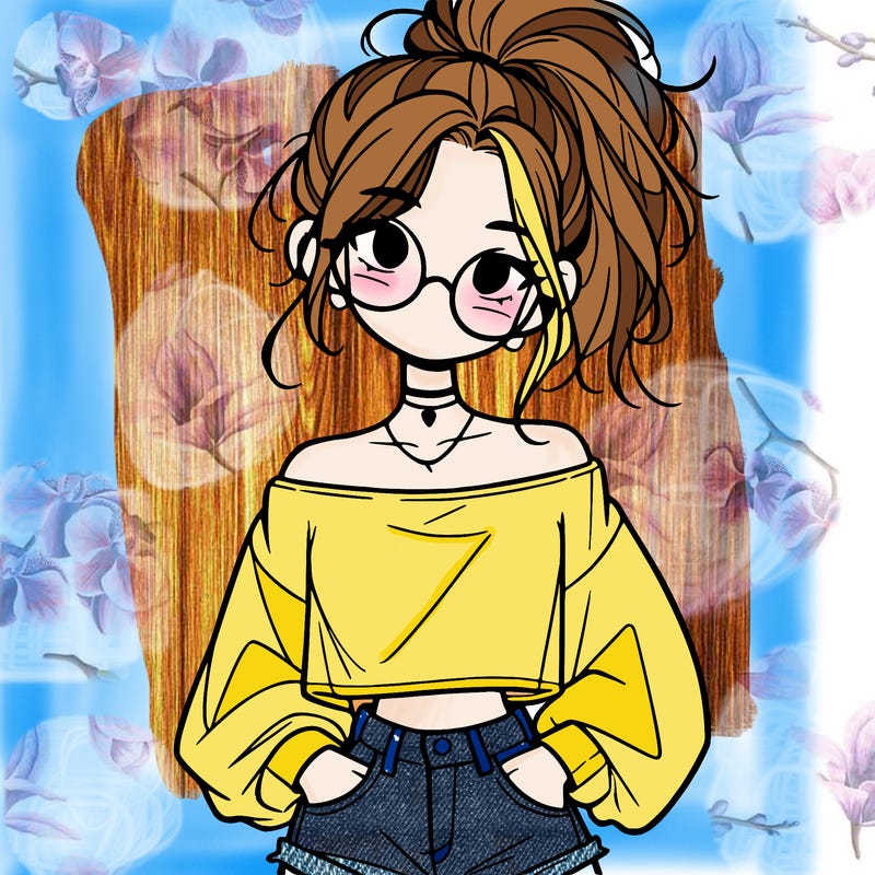 girl with a messy ponytail glasses a baggy crop top and jean shorts