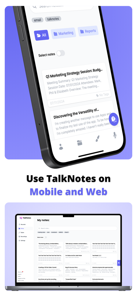 Talknotes AI voice notes interface shown on a smartphone and laptop for cross platform use