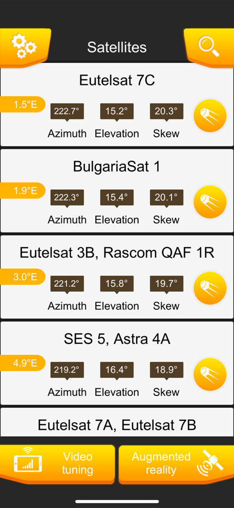 Satellite map AR SatFinder 3D - A list of satellites showing azimuth elevation and skew technical parameters for precise dish alignment.