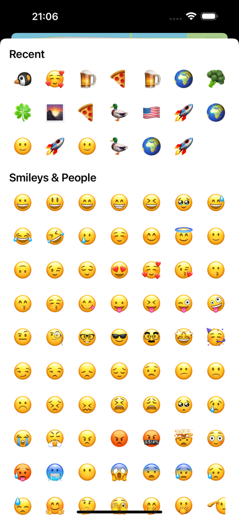MapMoji - A menu in the MapMoji app showing various emojis including recent selections and smileys