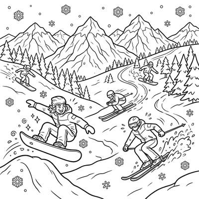 Experience the exhilaration of winter sports with this dynamic coloring page showcasing skiers and snowboarders mastering the mountain. Featuring majestic snow-capped peaks and evergreen trees, it's an action-packed scene ready for your artistic flair.