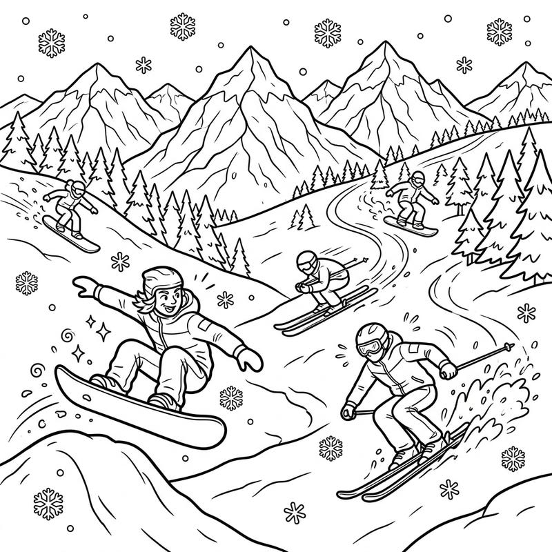 Experience the exhilaration of winter sports with this dynamic coloring page showcasing skiers and snowboarders mastering the mountain. Featuring majestic snow-capped peaks and evergreen trees, it's an action-packed scene ready for your artistic flair.