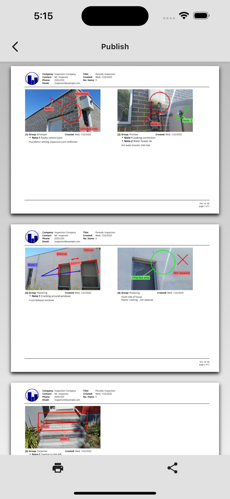 A preview of a multi page PDF inspection report generated by the Report and Run app showing annotated photos