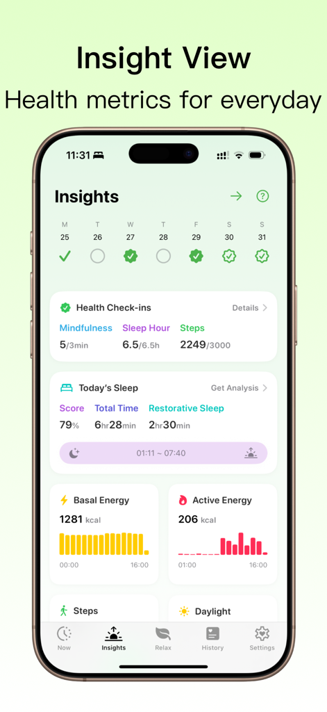 Smartphone screen showing the StressBook app Insights dashboard with daily health metrics like sleep and energy levels