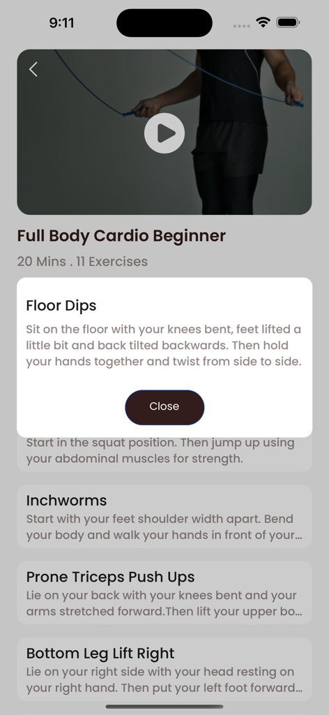 Home WorkOut No equipments - Pantalla móvil que muestra una lista de ejercicios de cardio para principiantes con descripciones detalladas de los ejercicios y tutoriales en video.