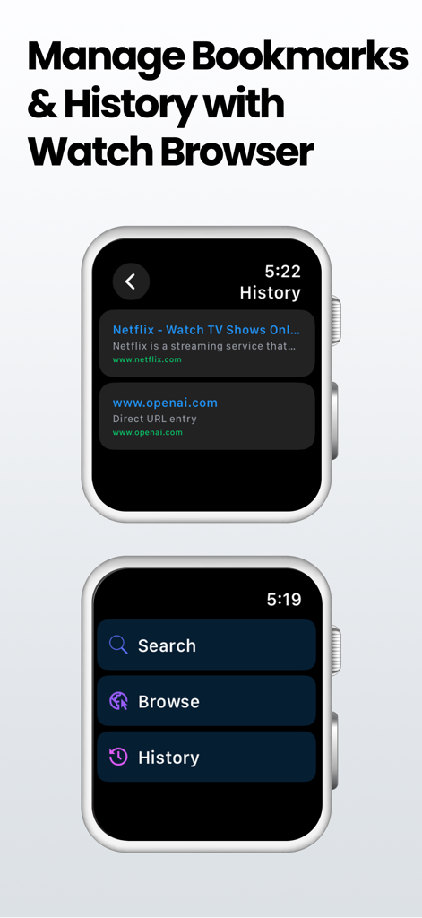 Watch Web Browser for Google - Interfaz de Watch Web Browser para Google en Apple Watch mostrando la lista de historial y el menú de navegación principal.