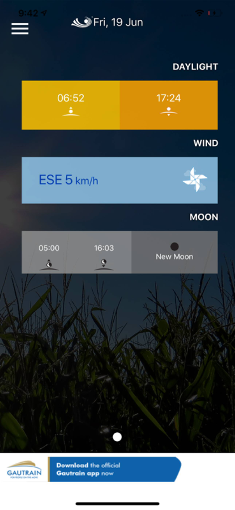 WeatherSmart - WeatherSmart app screen showing daylight wind speed and moon phase details