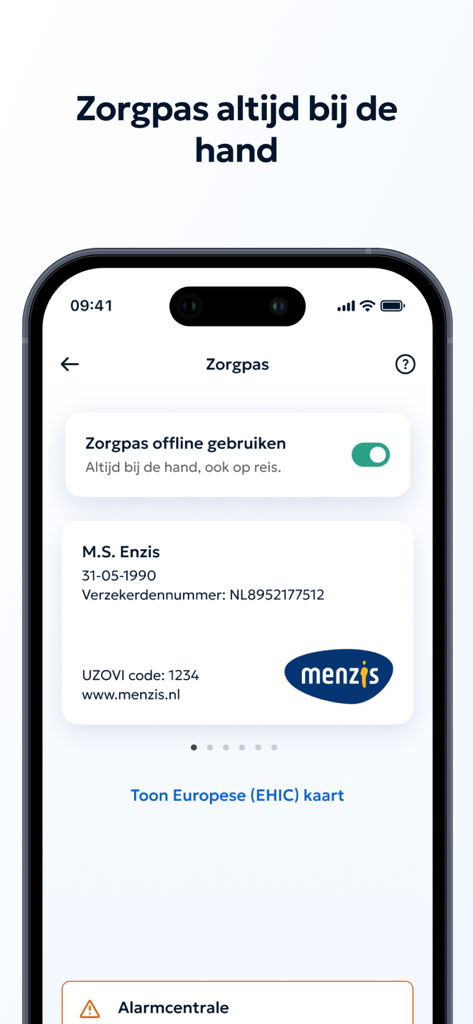 Menzis app - Digital health insurance card screen in the Menzis app showing user details and offline access toggle