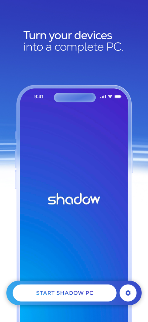 Tela de boas-vindas do aplicativo Shadow PC em um smartphone, mostrando o botão de iniciar e o slogan para transformar dispositivos em um PC completo