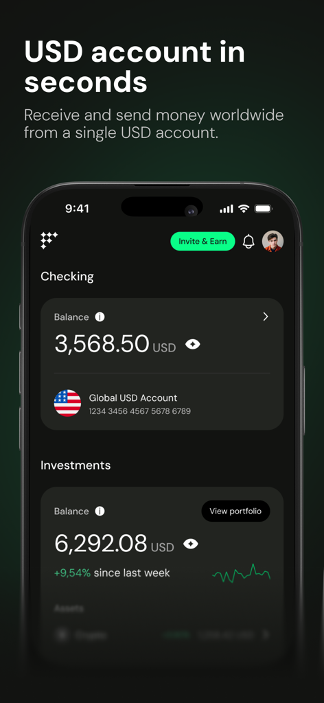 The Fasset app dashboard showing a global USD checking account and investment portfolio balance.