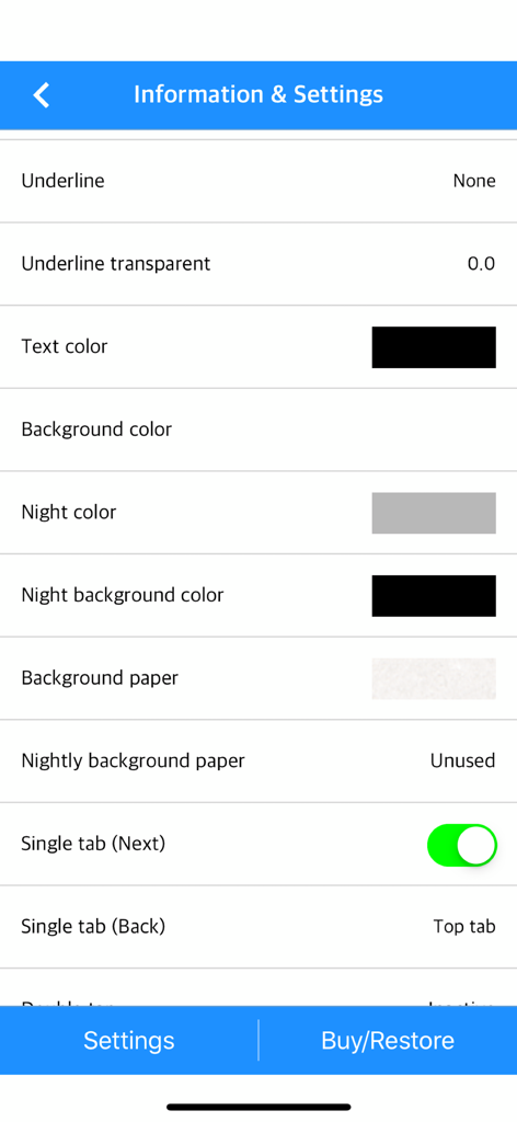 Menú de configuración de la aplicación Text Viewer mostrando opciones de personalización para los colores de texto y fondo.