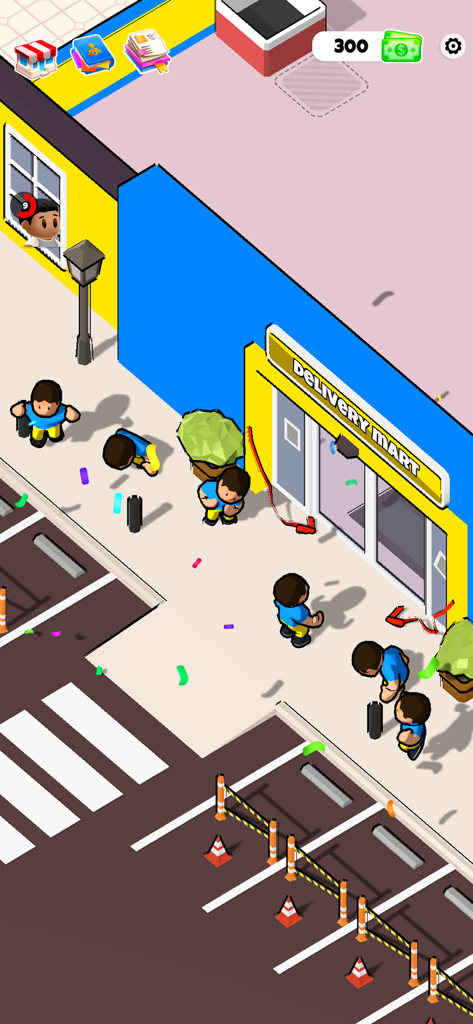 My Delivery Mart - Cartoon characters standing outside a Delivery Mart store in a mobile simulation game