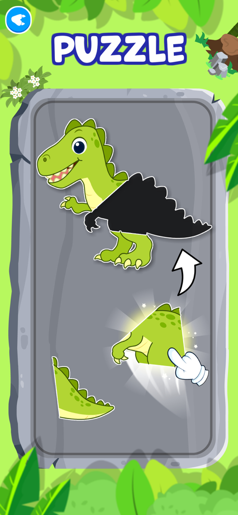 Ein grünes Cartoon-Dinosaurier-Puzzle, das mit einer Fingerzieh-Animation in einer Lern-App für Kleinkinder gelöst wird.