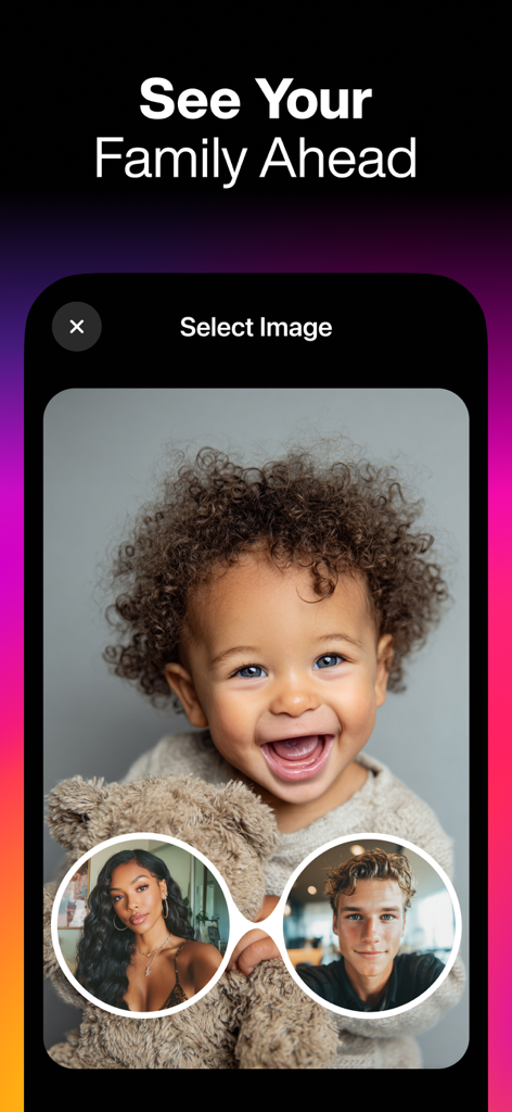 Interfaz de aplicación móvil mostrando un bebé generado por IA a partir de dos retratos de padres.