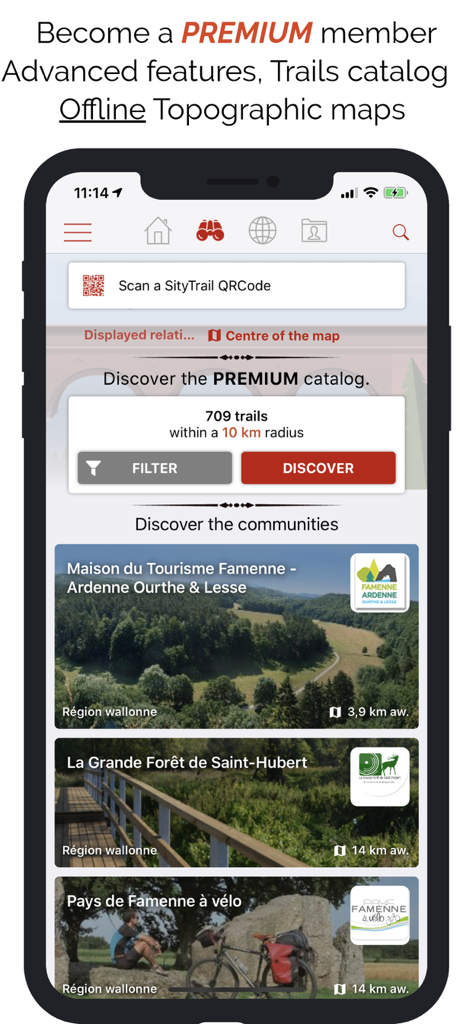 SityTrail - Interface de l'application SityTrail montrant le catalogue de sentiers premium et les itinéraires de plein air sélectionnés par la communauté.