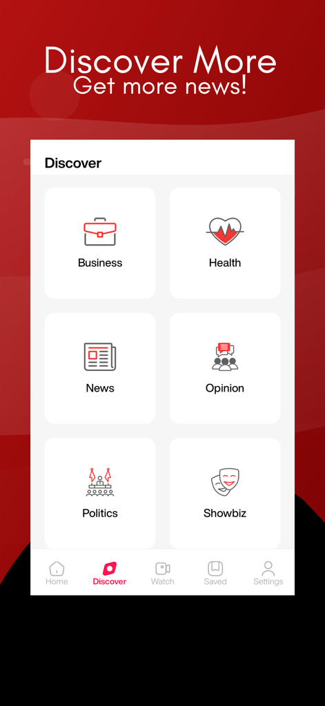 3News – Ghana News & Live TV - 3Newsアプリのディスカバリー画面。政治、ビジネス、ショービズなどのニュースカテゴリが表示されています。