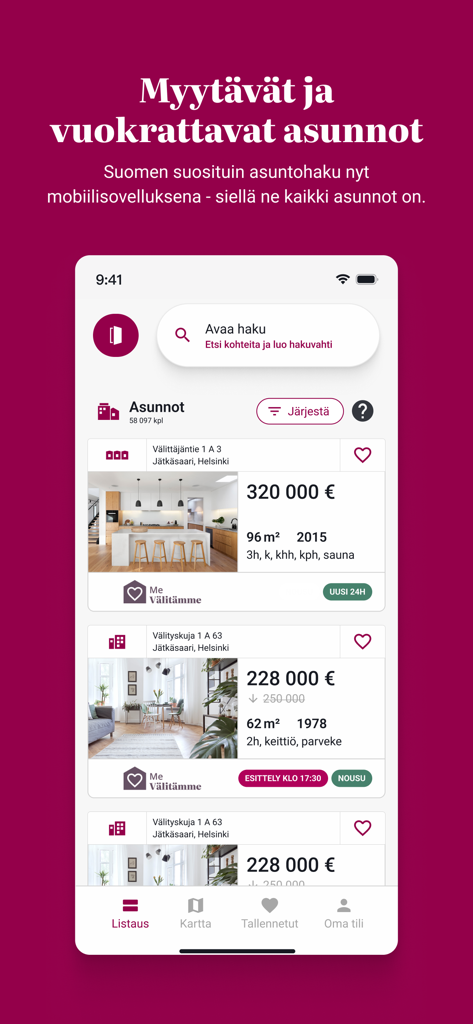 Etuovi.com - Etuovi.com mobile app interface displaying real estate listings for apartments in Finland with search and filter options.