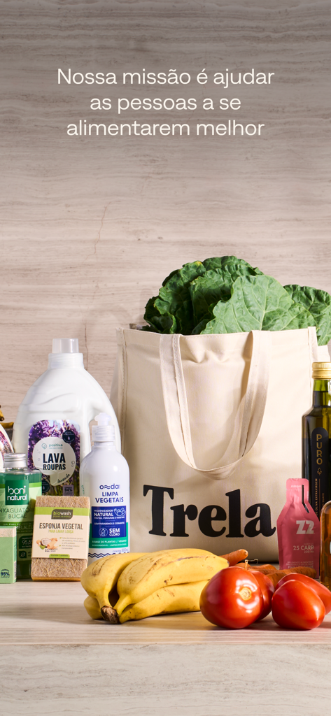 Sacola reutilizável da marca Trela com produtos frescos e de higiene natural