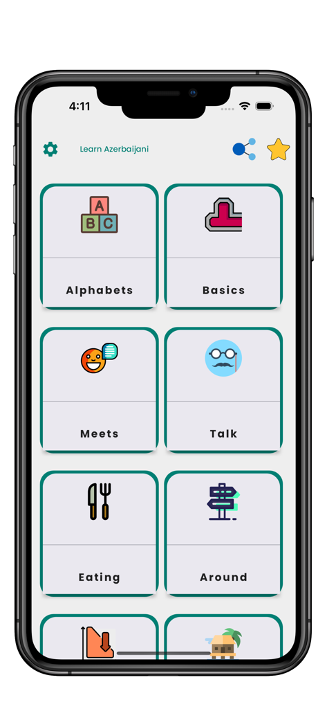 Learn Azerbaijani - Menú principal de la aplicación Aprende Azerbaiyano que muestra categorías de lecciones como Alfabetos, Básicos, Saludos, Conversación, Comer y Alrededores.