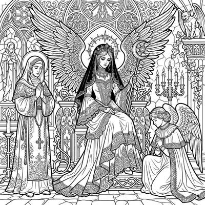 Journey into a realm of spiritual grace and mysterious beauty with this stunning Gothic Angels and Saints coloring template. Its rich details and profound symbolism offer a uniquely captivating artistic escape for all skill levels.