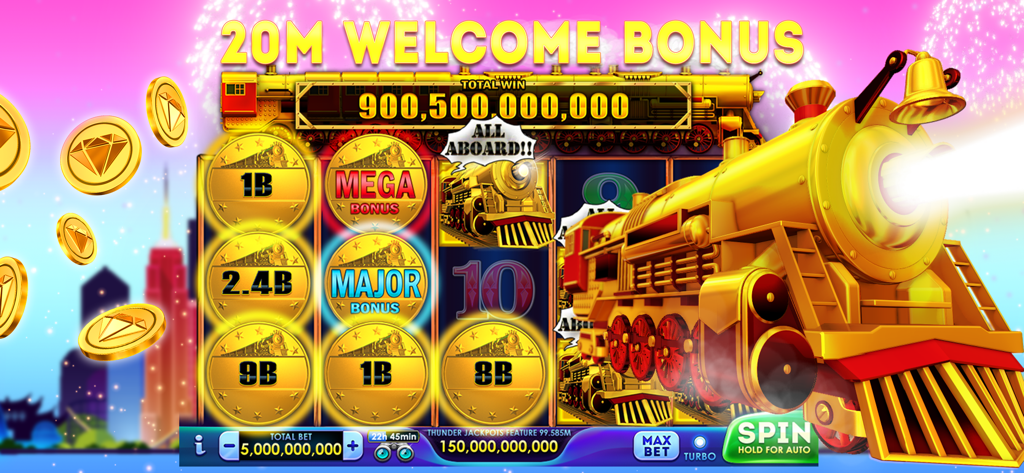 Lucky Time Slots game interface featuring a golden train slot machine and a twenty million coin welcome bonus banner