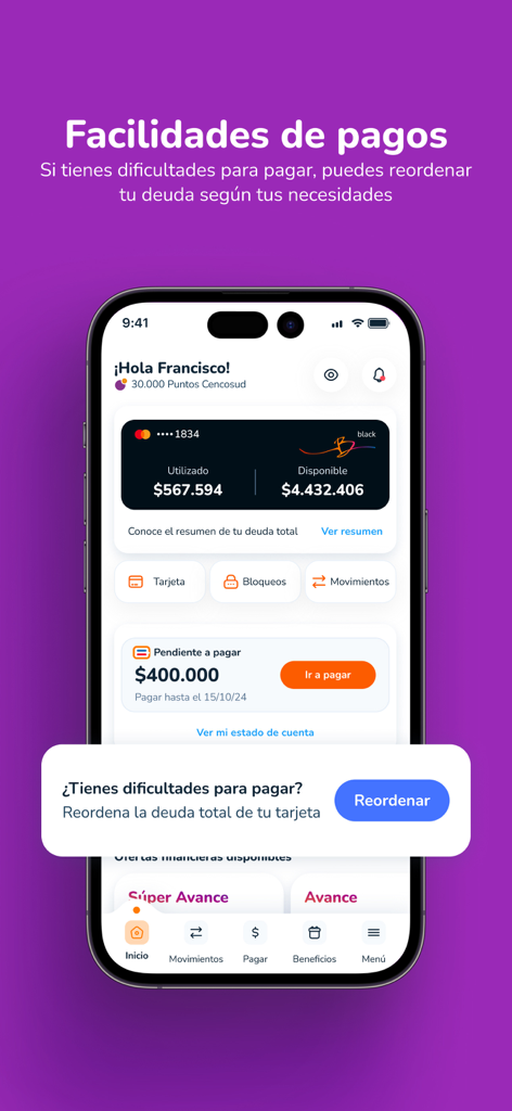 Cencosud Scotiabank mobile app dashboard displaying credit card balance and debt reordering options