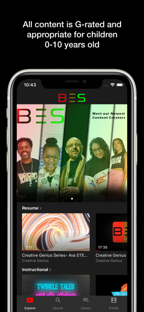 BES TV - Interface of the BES TV app showcasing educational videos for Black children and a banner for new content creators.