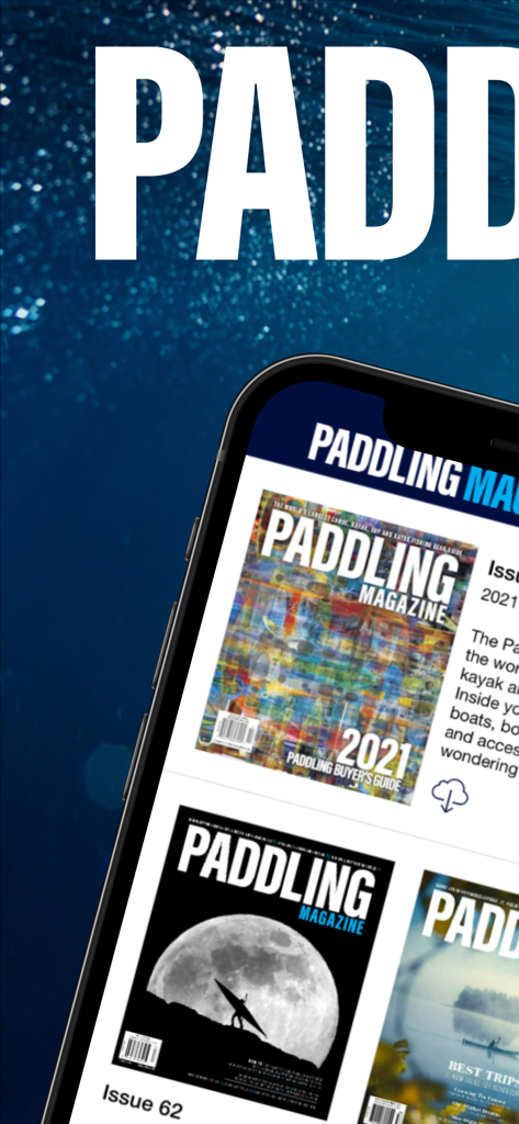 様々なデジタル雑誌の表紙やバックナンバーが表示されたPaddling Magazineアプリのインターフェースを表示するスマートフォン