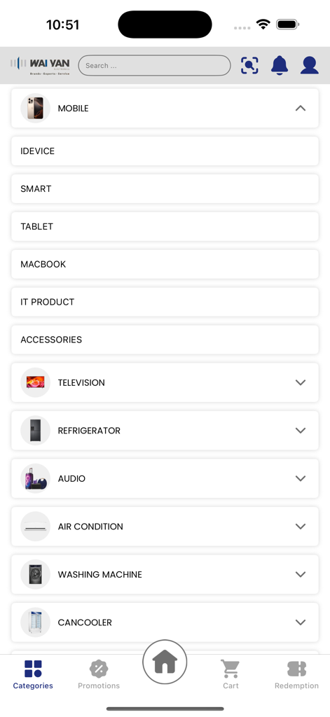 Wai Yan Electronics - Categories screen of the Wai Yan Electronics app showing product sections for mobile devices, televisions, and home appliances