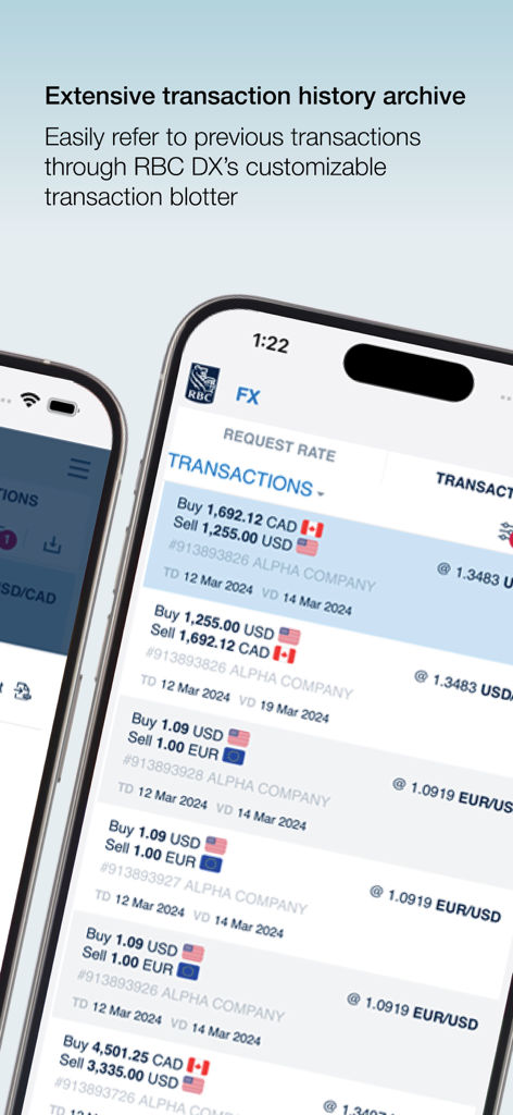 RBC DX - Mobile interface of the RBC DX app showing the transaction history blotter for corporate foreign exchange trading.